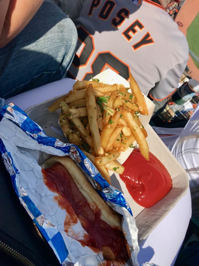 hotdog and garlic fries