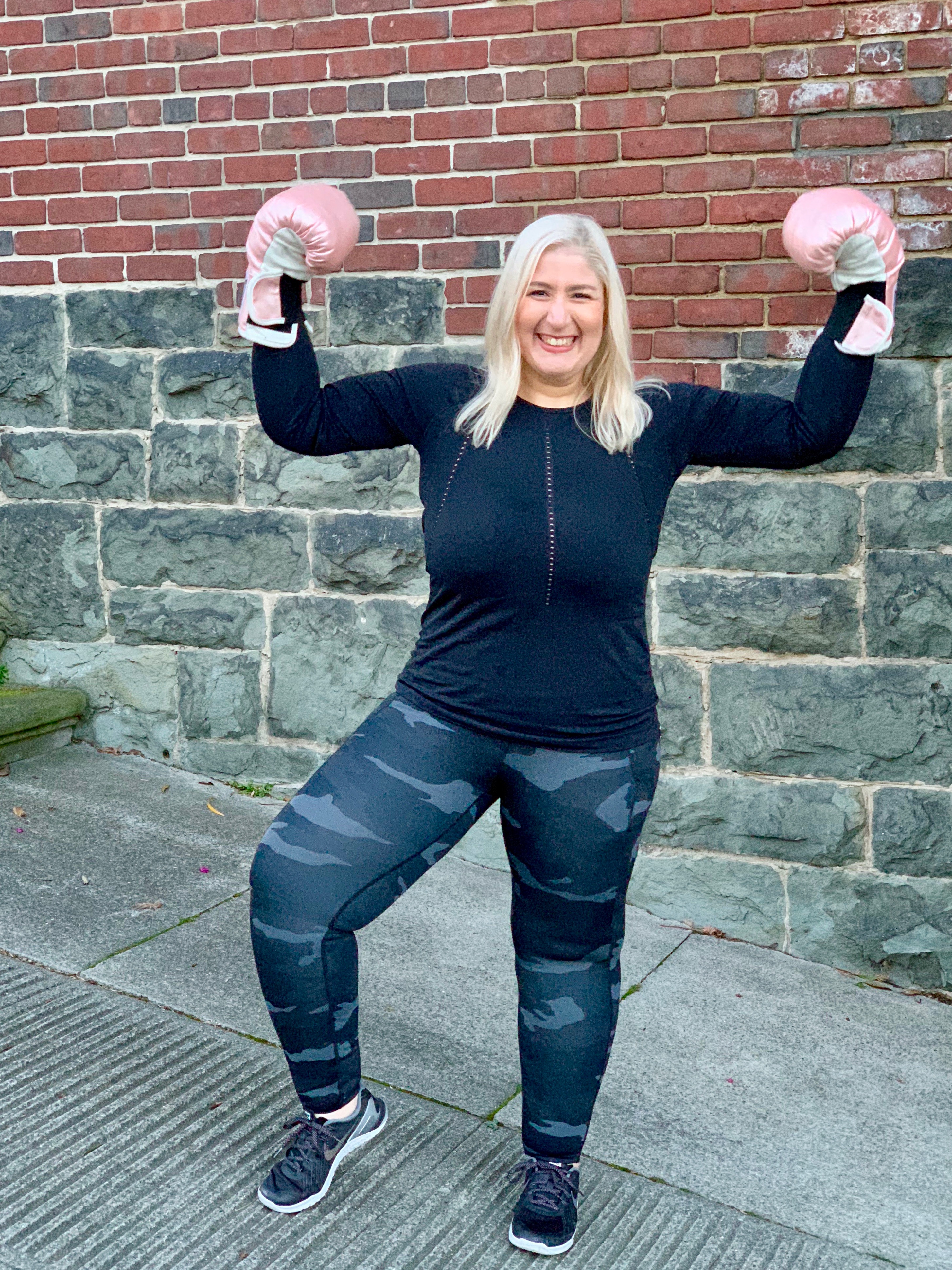 Jacqueline wearing Athleta Outfit and Everlast Boxing Gloves